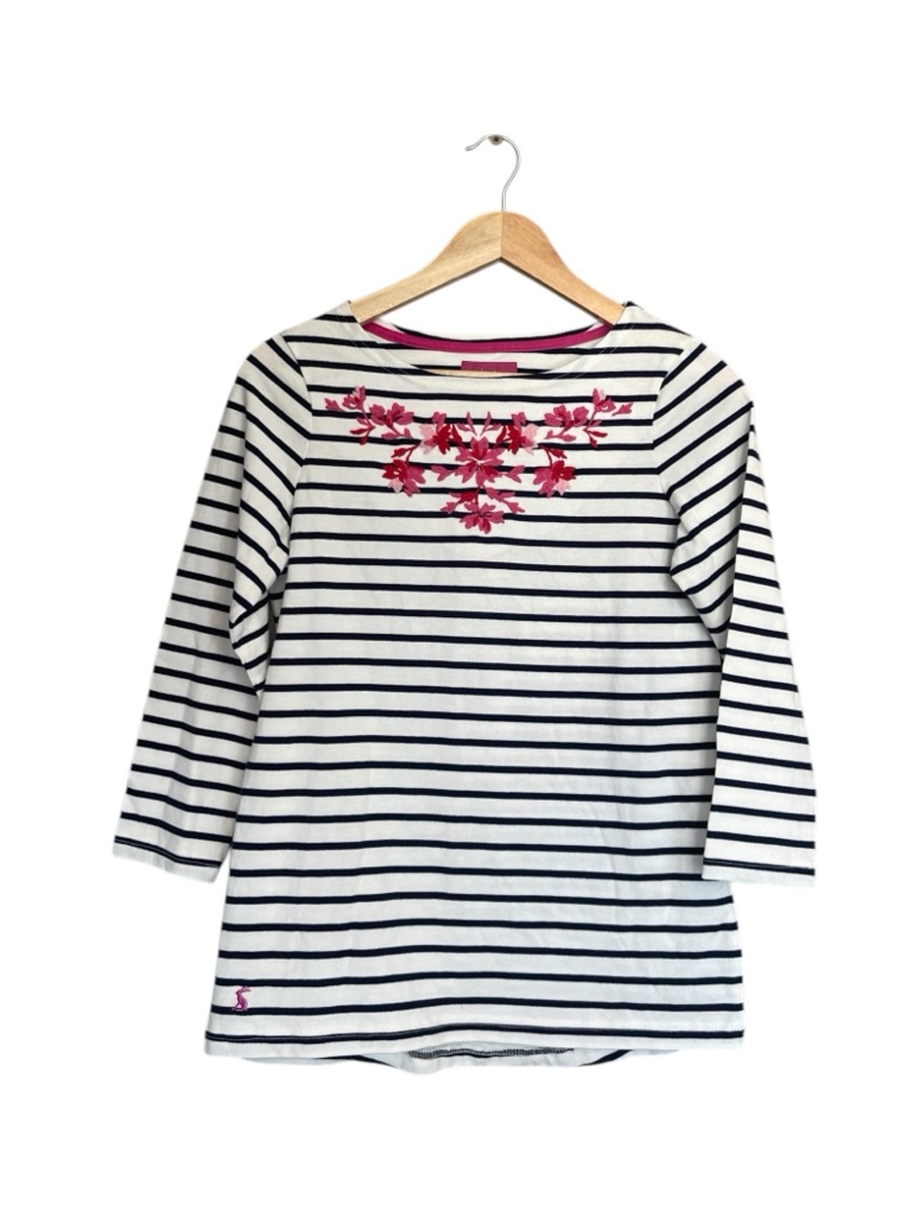 NWT Joules Navy & White Striped Long Sleeve Top with Pink Floral Embroidery
